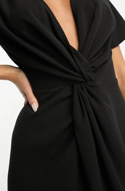 Asos Design Twist Front Midi Dress With Short Sleeve In Black In Black