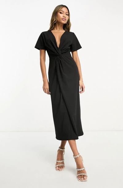 Asos Design Twist Front Midi Dress With Short Sleeve In Black In Black