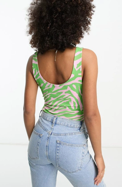 Shop Asos Design Zebra Print Scoop Back Stretch Cotton Bodysuit In Light Green