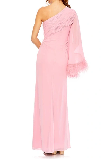 Shop Mac Duggal One-shoulder Feather Gown In Rose