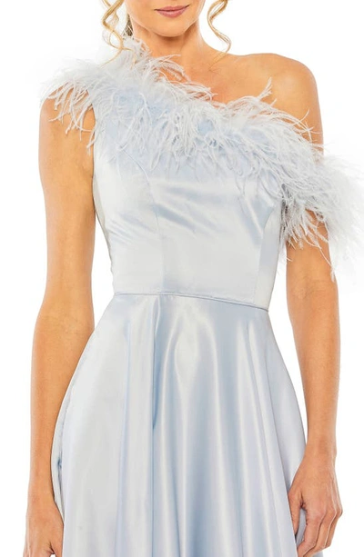 Shop Mac Duggal Feather Trim One-shoulder Gown In Powder Blue