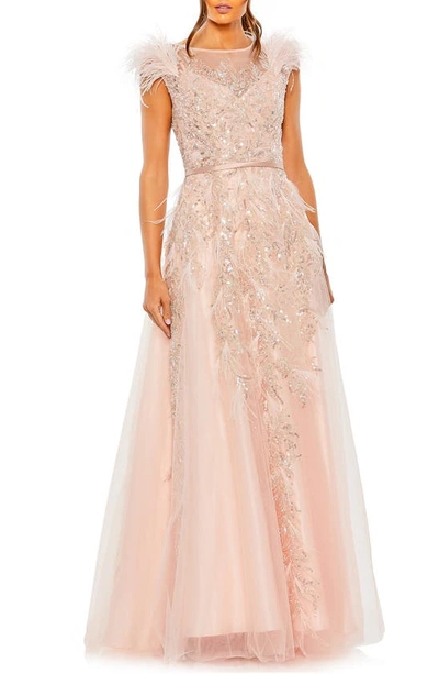 Shop Mac Duggal Sequin Lace Feather Gown In Blush