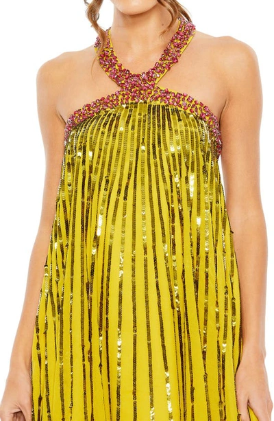 Shop Mac Duggal Embellished Halter Neck Trapeze Minidress In Gold