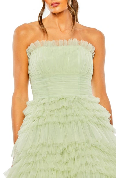 Shop Mac Duggal Strapless Tiered High-low Tulle Gown In Sage