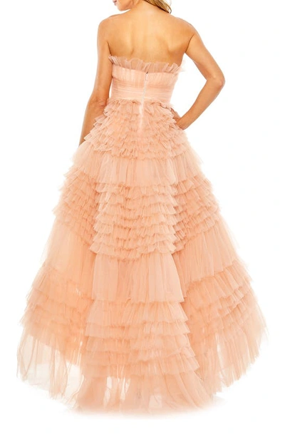 Shop Mac Duggal Strapless Tiered High-low Tulle Gown In Peach