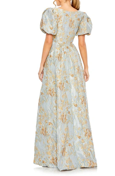 Shop Mac Duggal Puff Sleeve Brocade High-low Gown In Platinum Gold