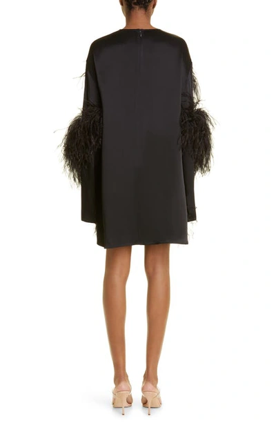 Shop Lapointe Ostrich Feather Trim Long Sleeve Satin Shift Dress In Black