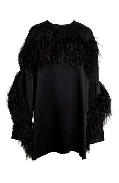 Shop Lapointe Ostrich Feather Trim Long Sleeve Satin Shift Dress In Black