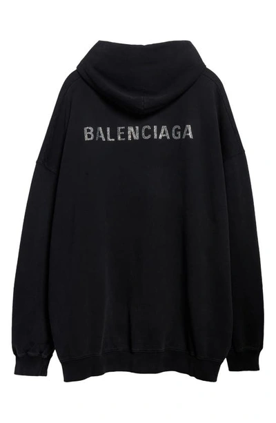 Shop Balenciaga Campaign Oversize Embellished Logo Cotton Hoodie In Black/ Silver
