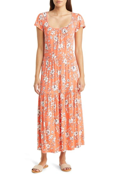 Shop Loveappella Floral Tiered Jersey Midi Dress In Coral