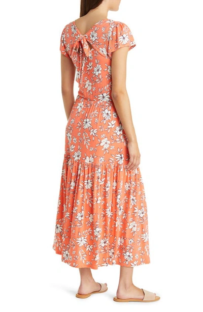 Shop Loveappella Floral Tiered Jersey Midi Dress In Coral