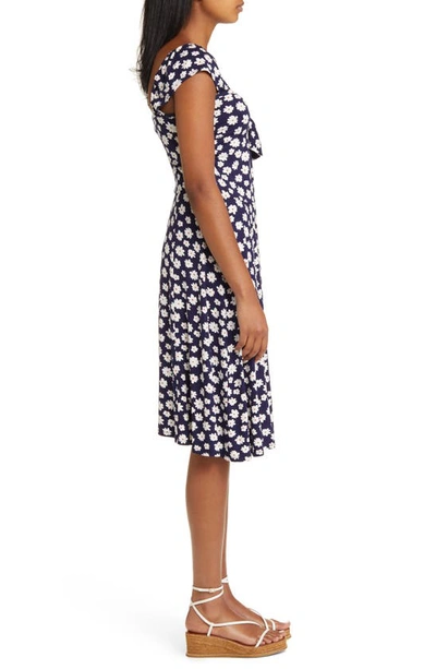 Shop Loveappella Floral Tie Front Cap Sleeve A-line Dress In Navy