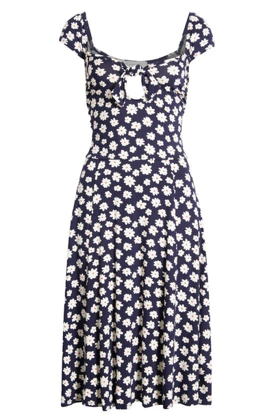 Shop Loveappella Floral Tie Front Cap Sleeve A-line Dress In Navy