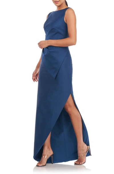 Shop Kay Unger Felix Pleated Waist Column Gown In Ink