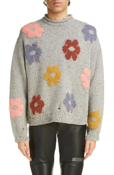 Shop Acne Studios Floral Intarsia Wool Blend Sweater In Grey Melange