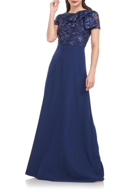 Shop Js Collections Rae Floral Embroidered Bow Detail A-line Gown In Navy