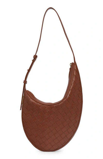 Shop Bottega Veneta Small Intrecciato Leather Hobo Bag In 2633 Wood-m Brass