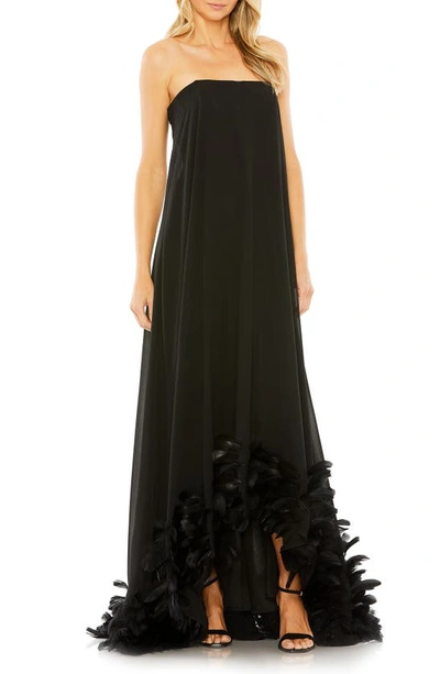 Shop Mac Duggal Strapless Feather Hem High Low Gown In Black