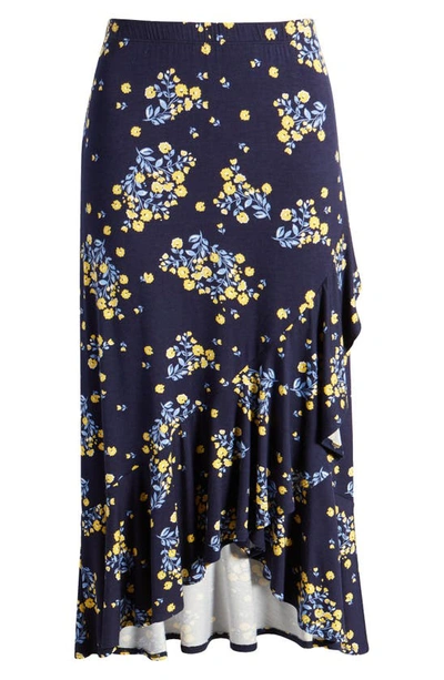 Shop Loveappella Floral Flounce Hem Midi Skirt In Navy