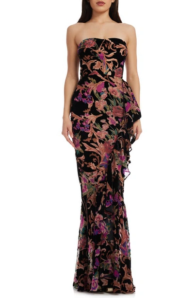 Shop Dress The Population Paris Ruffle Strapless Gown In Black Multi