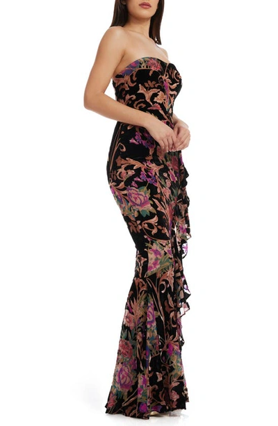 Dress The Population Paris Ruffle Strapless Gown In Black Multi
