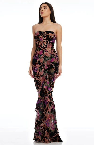 Dress The Population Paris Ruffle Strapless Gown In Black Multi