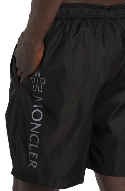 Shop Moncler Reflective Logo Nylon Swim Trunks In Black