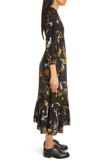 Shop Erdem Floral Print Silk Dress In Cecilia Birds Black