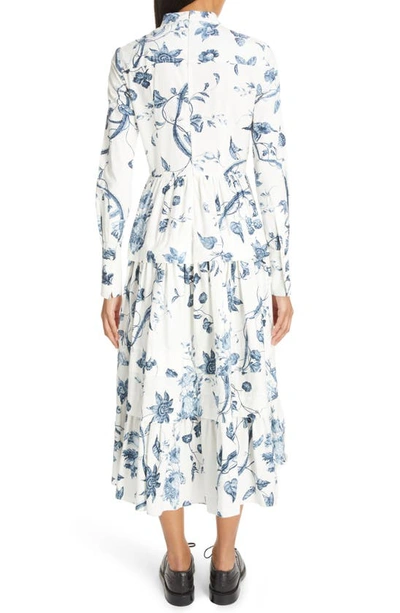Shop Erdem Floral Print Long Sleeve Tiered Cotton Dress In Ophelia Vine White