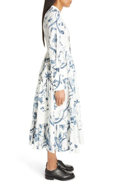 Shop Erdem Floral Print Long Sleeve Tiered Cotton Dress In Ophelia Vine White