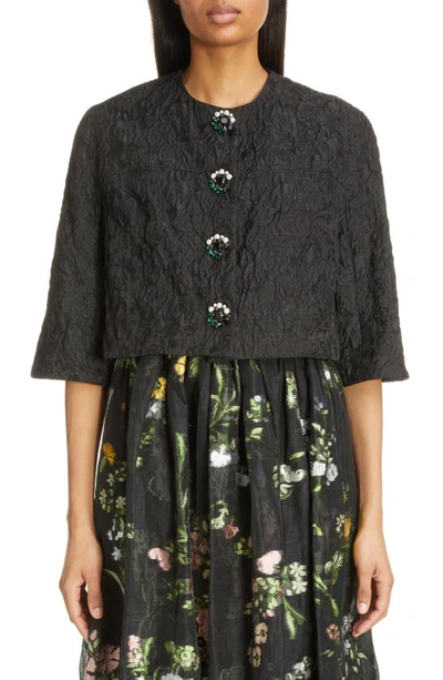 Shop Erdem Crystal Button Crop Silk Jacquard Jacket In Black