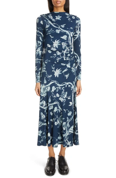 Shop Erdem Floral Long Sleeve Ruched Jersey Dress In Ophelia Vine Indigo