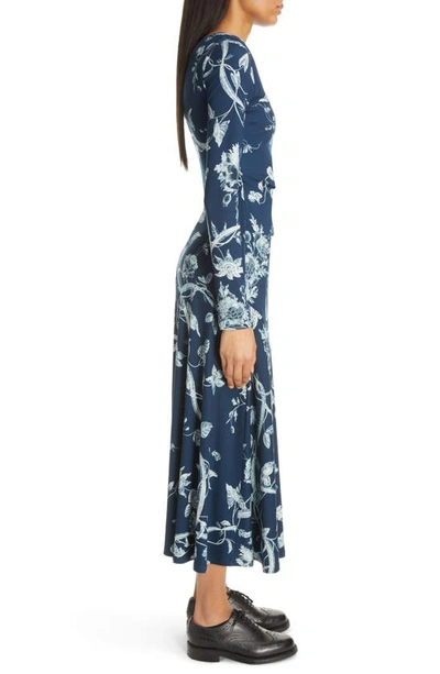 Shop Erdem Floral Long Sleeve Ruched Jersey Dress In Ophelia Vine Indigo