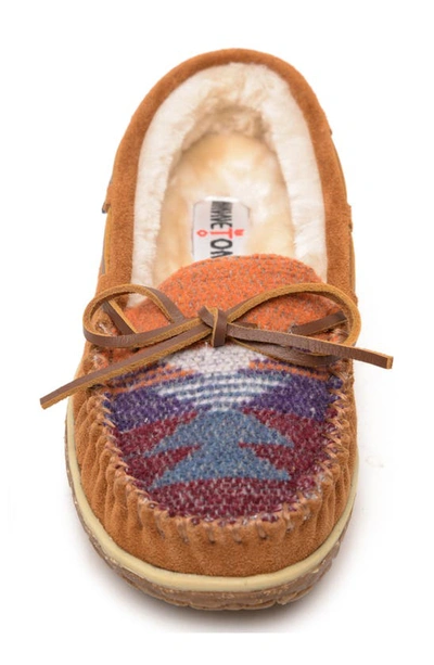 Minnetonka Tilia Faux Fur Lined Moccasin Slipper In Brown Multi