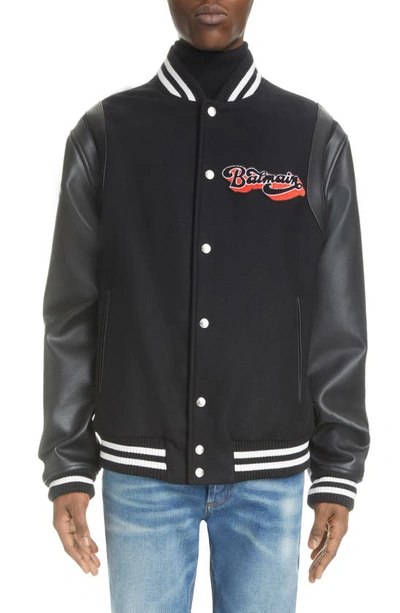Shop Balmain Mixed Media Logo Patch Leather & Virgin Wool Varsity Jacket In 0pa - Black