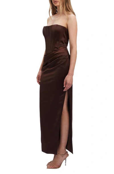Shop Bardot Everlasting Corset Strapless Satin Gown In Chocolate