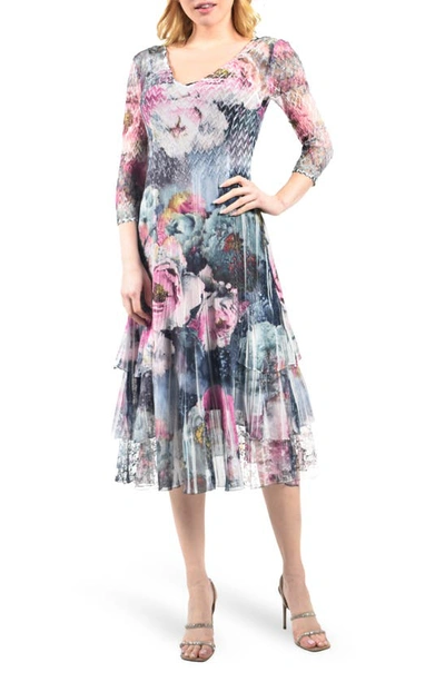 Shop Komarov Floral Charmeuse & Chiffon Cocktail Midi Dress In Rapture Rose