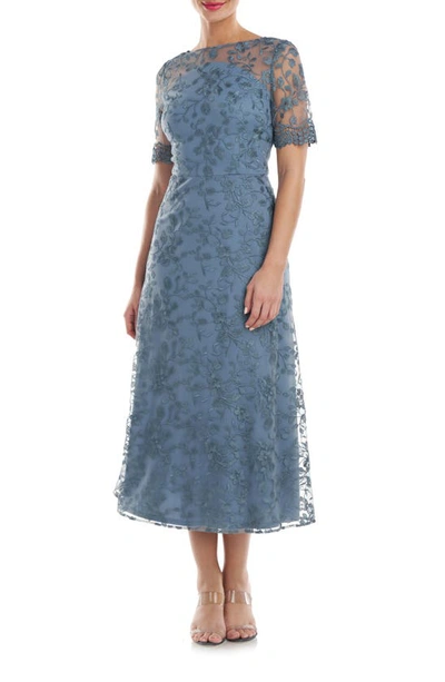 Shop Js Collections Theresa Embroidered Floral Midi A-line Dress In Pearl Grey