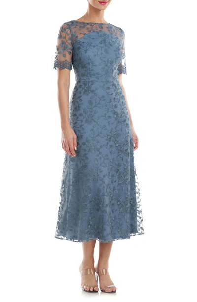 Shop Js Collections Theresa Embroidered Floral Midi A-line Dress In Pearl Grey
