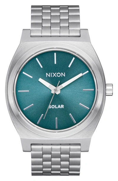 Shop Nixon Time Teller Solar Bracelet Watch, 40mm In Silver / Dusty Blue Sunray