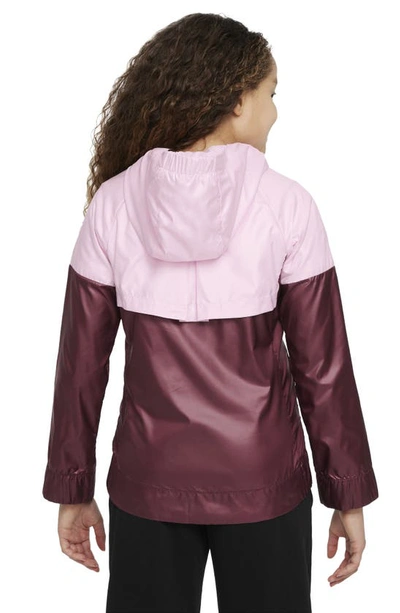 Shop Nike Sportswear Kids' Windrunner Water Repellent Hooded Jacket In Pink Foam/ Beetroot/ White
