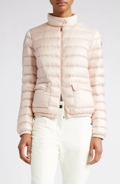 Shop Moncler Lans Channel Quilted Down Moto Jacket In Light Pink