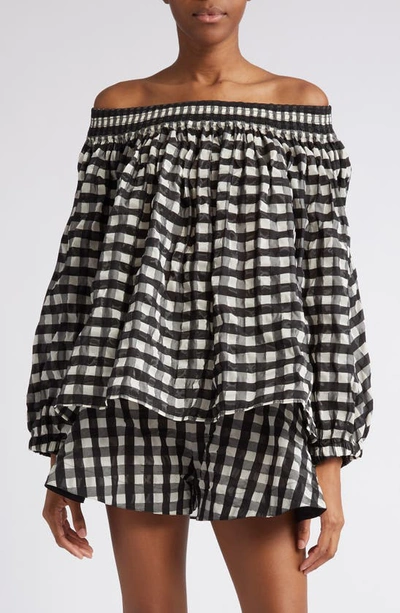 Shop Alaïa Gingham Check Off The Shoulder Top In Noir/ Noir