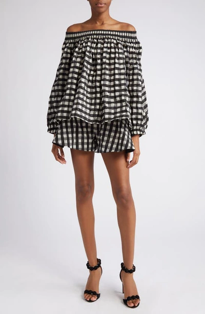 Shop Alaïa Gingham Check Off The Shoulder Top In Noir/ Noir