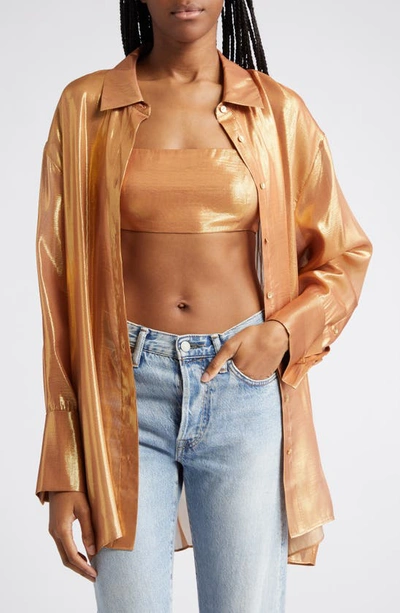 Shop Retroféte Romy Metallic Silk Blend Button-up Shirt In Nude Glitter