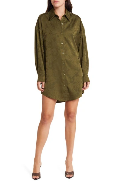 Shop Wayf Floral Jacquard Long Sleeve Shirtdress In Olive