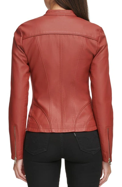 Shop Guess Faux Leather Racer Jacket In Brick