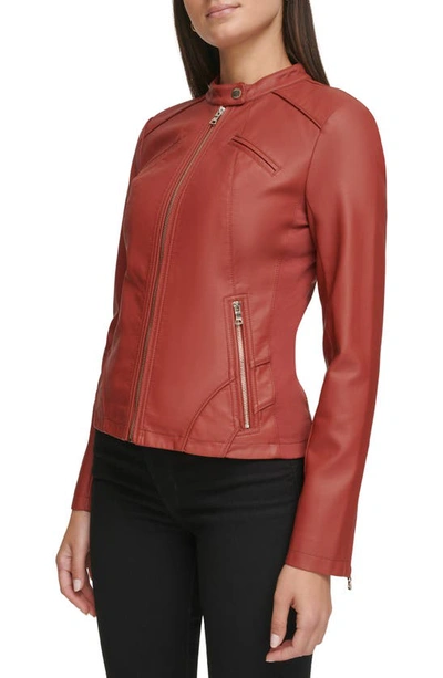 Shop Guess Faux Leather Racer Jacket In Brick