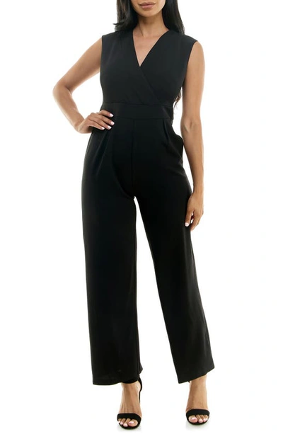 Nina Leonard Surplice V-neck Wide Leg Jumpsuit In Black