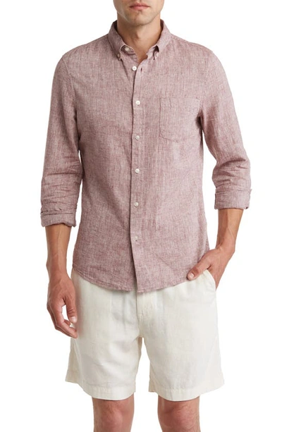 Shop 14th & Union Long Sleeve Slim Fit Linen Cotton Shirt In Burgundy- White Eoe